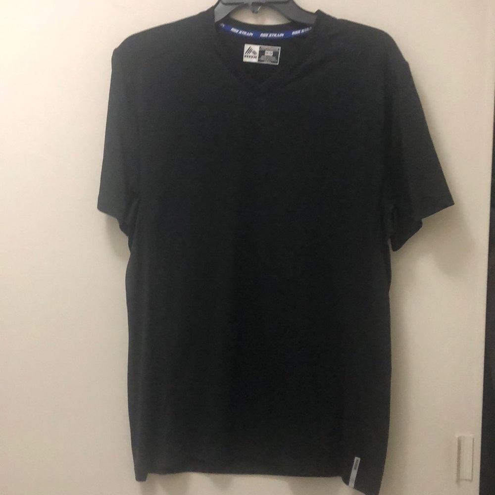 RBX Men’s Medium black 100% polyester T-shirt w/back design & blue stitch detail